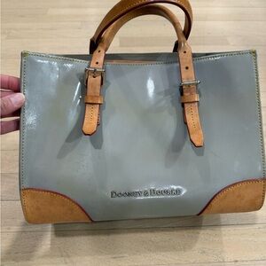 Dooney & Bourke Janine Gray Patent Leather and Tan Leather Handbag Purse